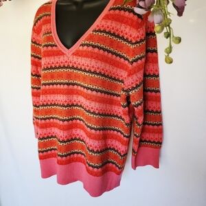 Talbots XL 100% Merino‎ Wool Pink Striped V-Neck Sweater Super Soft Luxury Top